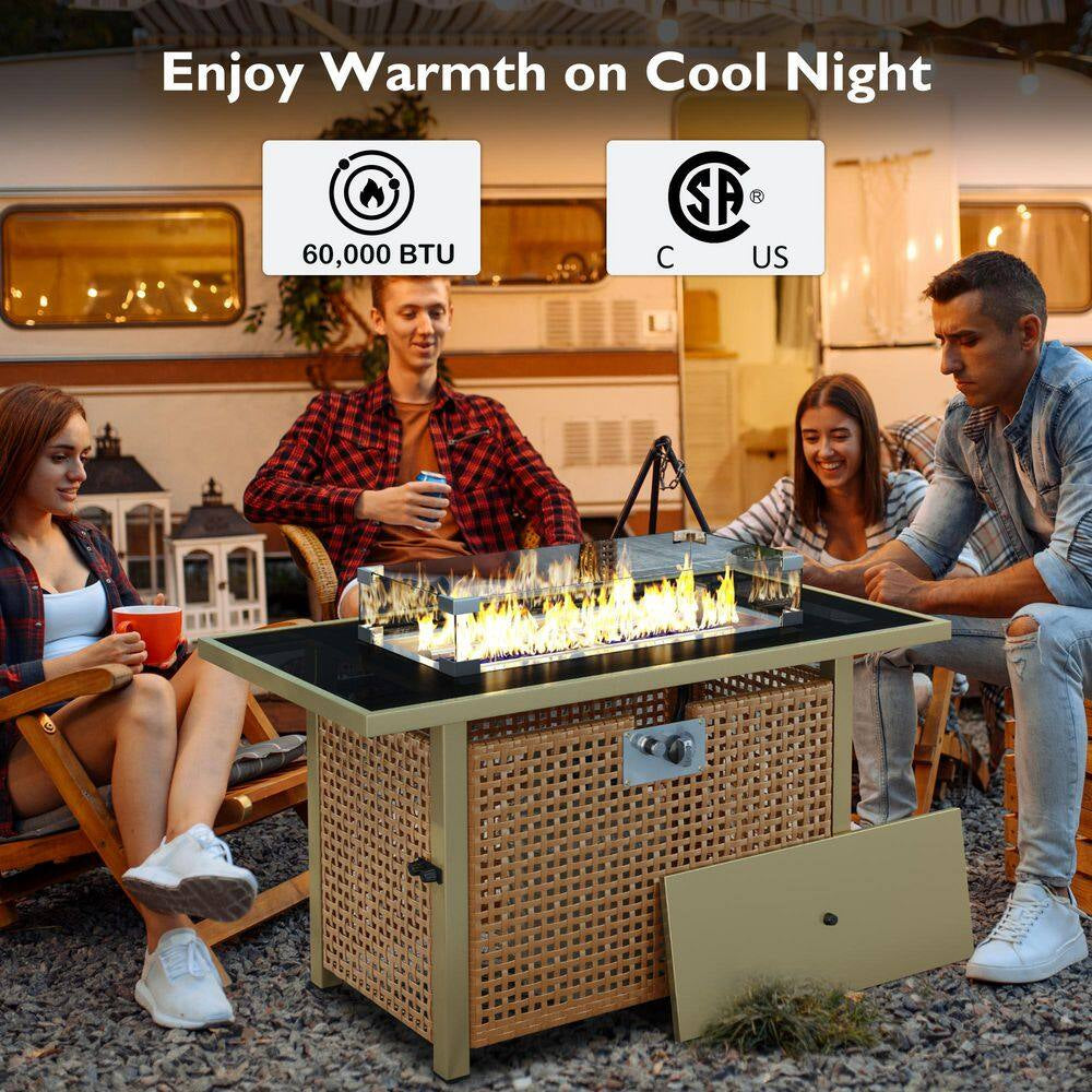 43 In. Propane Gas Fire Pit Table, 60000 BTU Rectangular Open Weave Wicker Fire Pit with Glass Wind Guard in Yellow