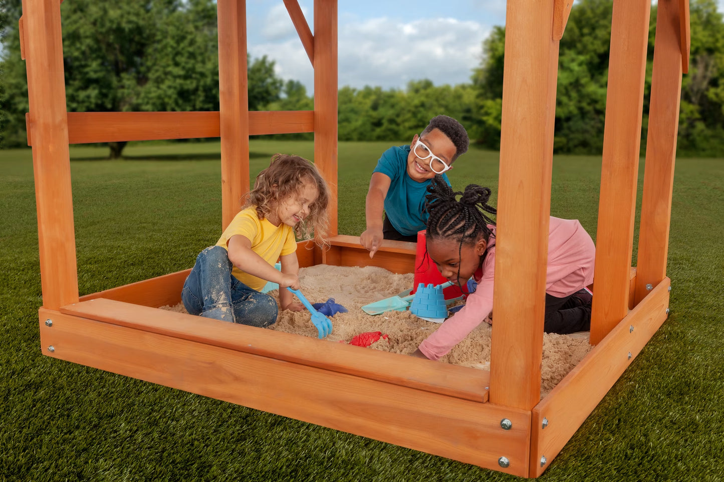 Timber Valley Wooden Playset with Wooden Roof, Glider Swing, Sandbox, Climbing Wall, Ladder, Slide & Belt Swings