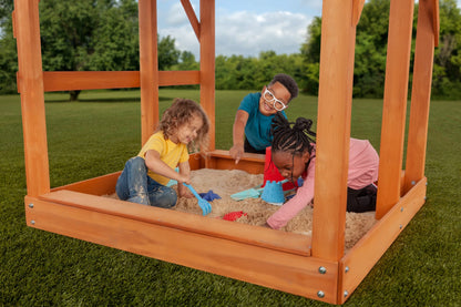 Timber Valley Wooden Playset with Wooden Roof, Glider Swing, Sandbox, Climbing Wall, Ladder, Slide & Belt Swings