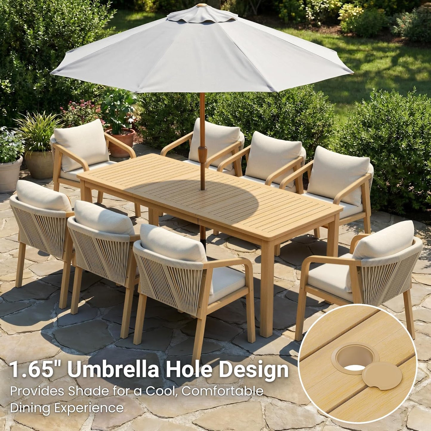 9 Pieces Acacia Outdoor Patio Table and Chairs Set for 8, Patio Outdoor Dining Table Set with Cushion, Modern Outdoor Patio Table Set for Lawn Backyard Garden Deck, Beige