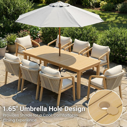 9 Pieces Acacia Outdoor Patio Table and Chairs Set for 8, Patio Outdoor Dining Table Set with Cushion, Modern Outdoor Patio Table Set for Lawn Backyard Garden Deck, Beige