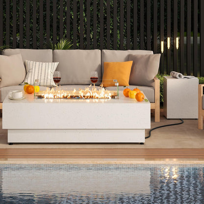 50-Inch Outdoor Propane Fire Pit Table W Tank Table, CSA Certified, Rectangular Patio Fire Pit W Glass Rocks, Wind Guard and Cover, 58000 BTU 2 in 1 Outdoor Heater for Deck Garden, White