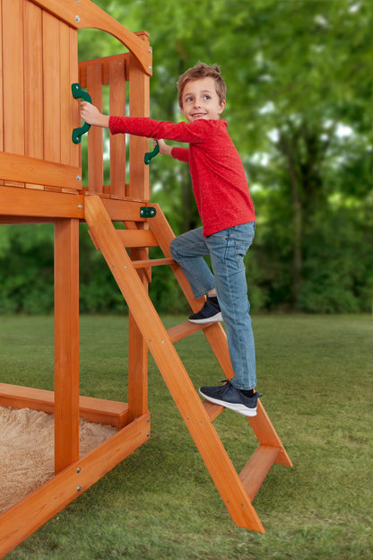 Timber Valley Wooden Playset with Wooden Roof, Glider Swing, Sandbox, Climbing Wall, Ladder, Slide & Belt Swings