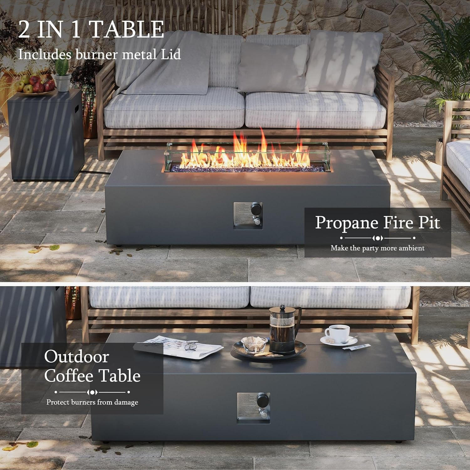 56-Inch Outdoor Propane Gas Fire Pit Table 50000 BTU Iron Rectangle Firepit for outside Patio with Tank Hidden Table, Wind Guard, Removable Lid, Blue Glass Rocks, Rain Cover, Grey