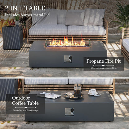 56-Inch Outdoor Propane Gas Fire Pit Table 50000 BTU Iron Rectangle Firepit for outside Patio with Tank Hidden Table, Wind Guard, Removable Lid, Blue Glass Rocks, Rain Cover, Grey