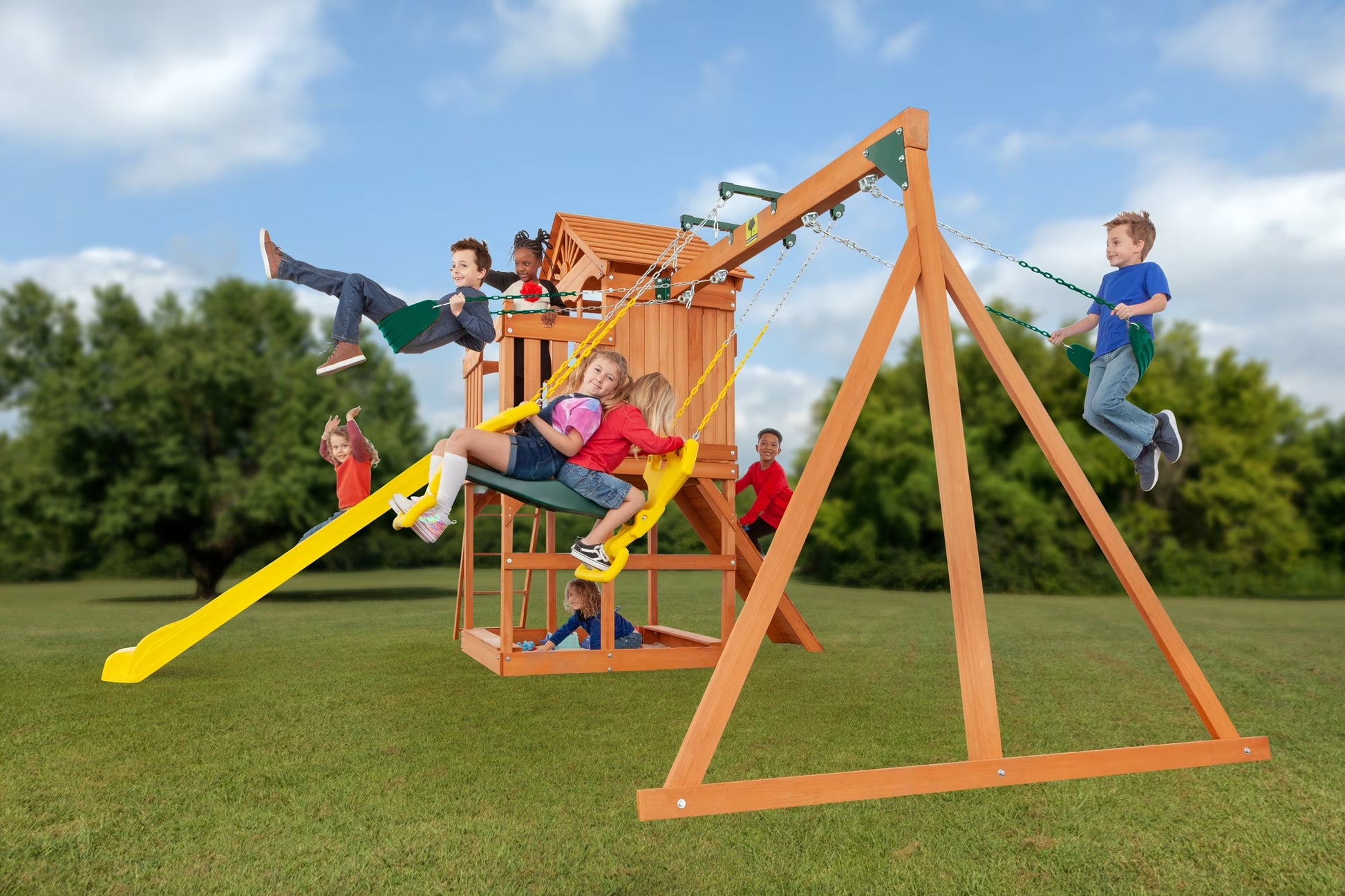 Timber Valley Wooden Playset with Wooden Roof, Glider Swing, Sandbox, Climbing Wall, Ladder, Slide & Belt Swings