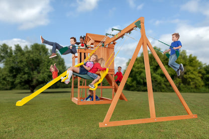 Timber Valley Wooden Playset with Wooden Roof, Glider Swing, Sandbox, Climbing Wall, Ladder, Slide & Belt Swings
