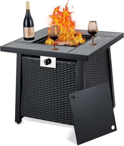 28 Inch Gas Fire Pit Outdoor Firepit Table, 50000BTU Rectangle Propane Fire Table with Lid & Lava Rock for outside Garden Backyard Deck Patio, CSA Safety Certified