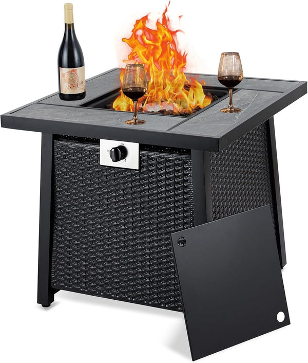 28 Inch Gas Fire Pit Outdoor Firepit Table, 50000BTU Rectangle Propane Fire Table with Lid & Lava Rock for outside Garden Backyard Deck Patio, CSA Safety Certified