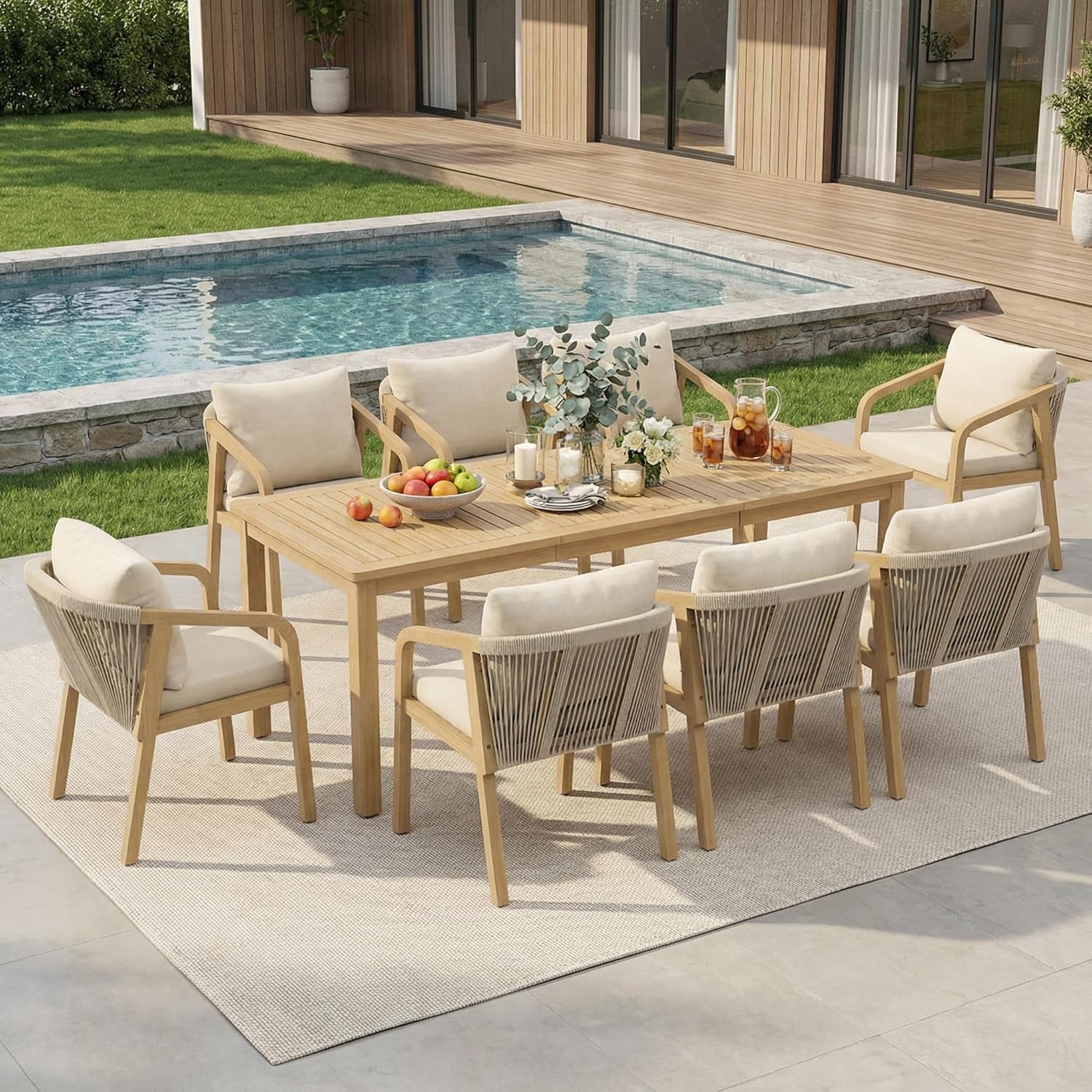 9 Pieces Acacia Outdoor Patio Table and Chairs Set for 8, Patio Outdoor Dining Table Set with Cushion, Modern Outdoor Patio Table Set for Lawn Backyard Garden Deck, Beige