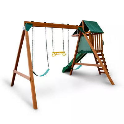 Wooden Outdoor Playground Set with Slide, Rock Wall, and Swing Set