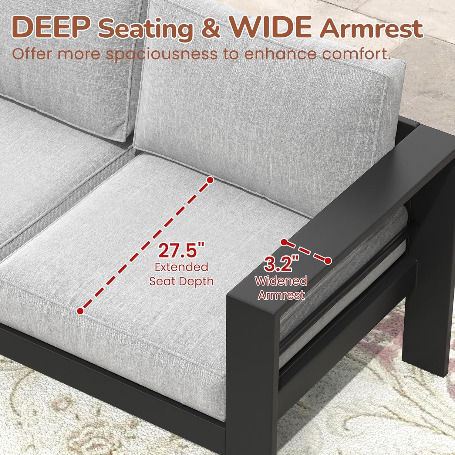 8 Pieces Patio Conversation Sets, Aluminum Outdoor Couch with Coffee Table, All-Weather Metal Patio Sofa with 5" Thick and Soft Cushion and Wide Arm, Outdoor Sofa Sets for Balcony, Porch, Light Gray