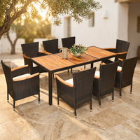 9-Piece Wicker Outdoor Dining Set with Acacia Wood Table and Stackable Cushioned Chairs Dining Set in Off-White — Studio Shot
