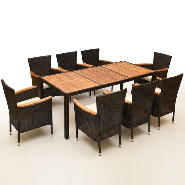 9-Piece Wicker Outdoor Dining Set with Acacia Wood Table and Stackable Cushioned Chairs Dining Set in Off-White — Studio Shot