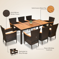 9-Piece Wicker Outdoor Dining Set with Acacia Wood Table and Stackable Cushioned Chairs Dining Set in Off-White — infographic