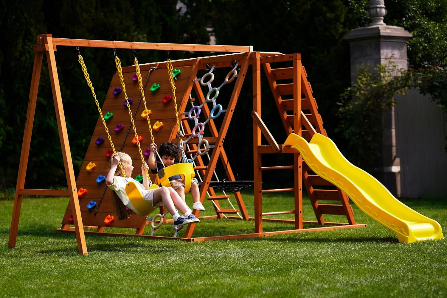 Sycamore Backyard Ultimate Climbing Set with 2 Swings and Trapeze Bar - Outdoor Playset for Kids with Gymnastics Bar, Rock Climbing Holds, and Sensory Playground Accessories - Wooden Swingset for Ages