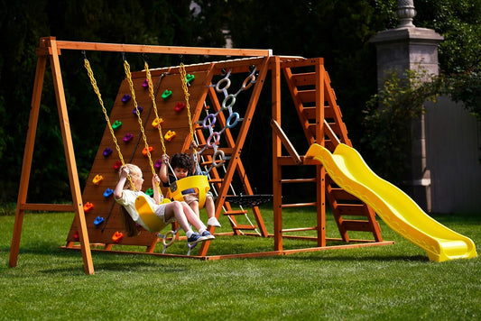 Sycamore Backyard Ultimate Climbing Set with 2 Swings and Trapeze Bar - Outdoor Playset for Kids with Gymnastics Bar, Rock Climbing Holds, and Sensory Playground Accessories - Wooden Swingset for Ages