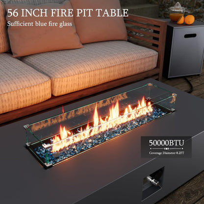 56-Inch Outdoor Propane Gas Fire Pit Table 50000 BTU Iron Rectangle Firepit for outside Patio with Tank Hidden Table, Wind Guard, Removable Lid, Blue Glass Rocks, Rain Cover, Grey