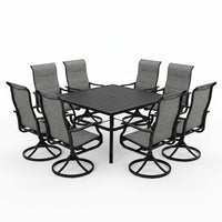 Black 9-Piece Metal Patio Outdoor Dining Set with Slat Square Table and Textilene Swivel Chairs — Studio Shot
