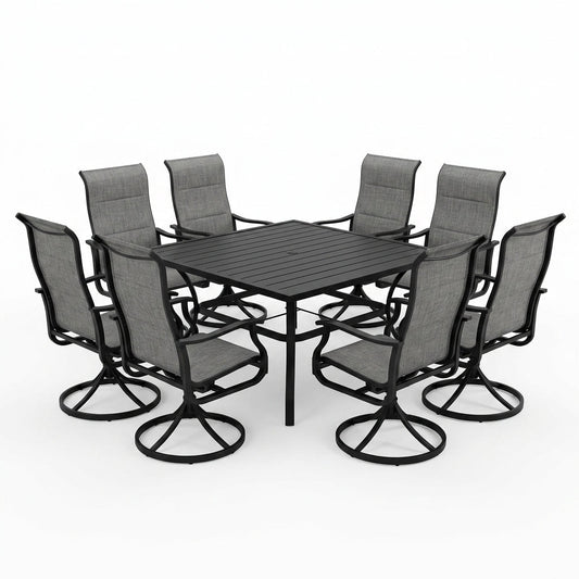Black 9-Piece Metal Patio Outdoor Dining Set with Slat Square Table and Textilene Swivel Chairs — Studio Shot