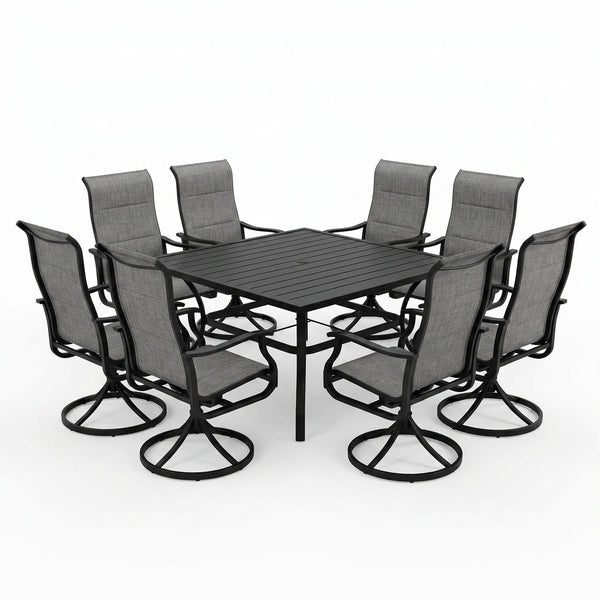 Black 9-Piece Metal Patio Outdoor Dining Set with Slat Square Table and Textilene Swivel Chairs — Studio Shot