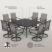 Black 9-Piece Metal Patio Outdoor Dining Set with Slat Square Table and Textilene Swivel Chairs — infographic