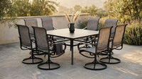 Black 9-Piece Metal Patio Outdoor Dining Set with Slat Square Table and Textilene Swivel Chairs — Lifestyle