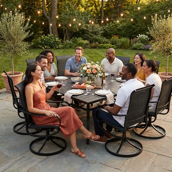 Black 9-Piece Metal Patio Outdoor Dining Set with Slat Square Table and Textilene Swivel Chairs