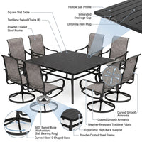Black 9-Piece Metal Patio Outdoor Dining Set with Slat Square Table and Textilene Swivel Chairs — How It Works