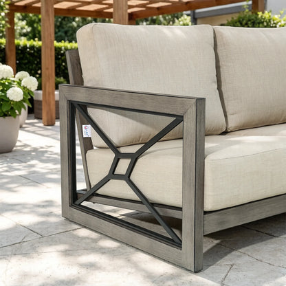 Marindo 8-Person Faux-Wood Aluminum Swivel Patio Outdoor Salon with Fire Pit Table