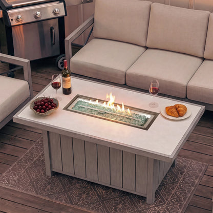 Marindo 8-Person Faux-Wood Aluminum Swivel Patio Outdoor Salon with Fire Pit Table
