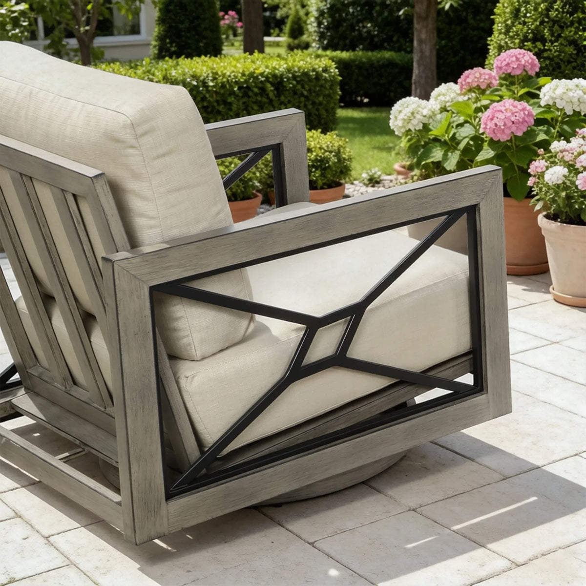 Marindo 8-Person Faux-Wood Aluminum Swivel Patio Outdoor Salon with Fire Pit Table