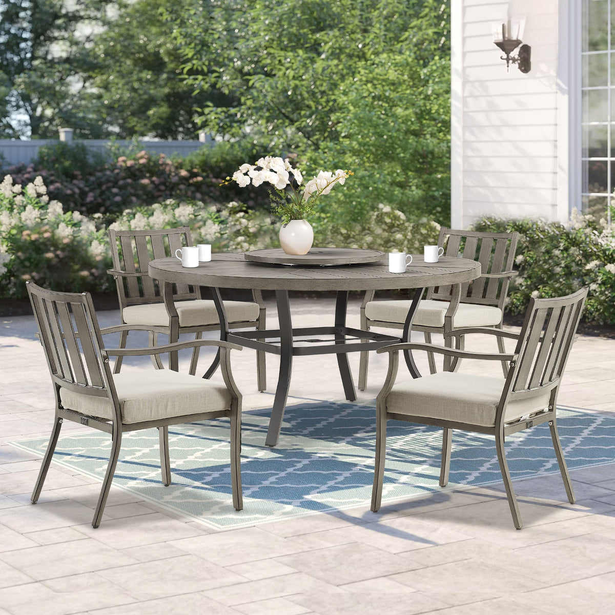 Azur Patio Round 60" Dining Set With Removable Lazy Susan And Sunbrella® Cushions