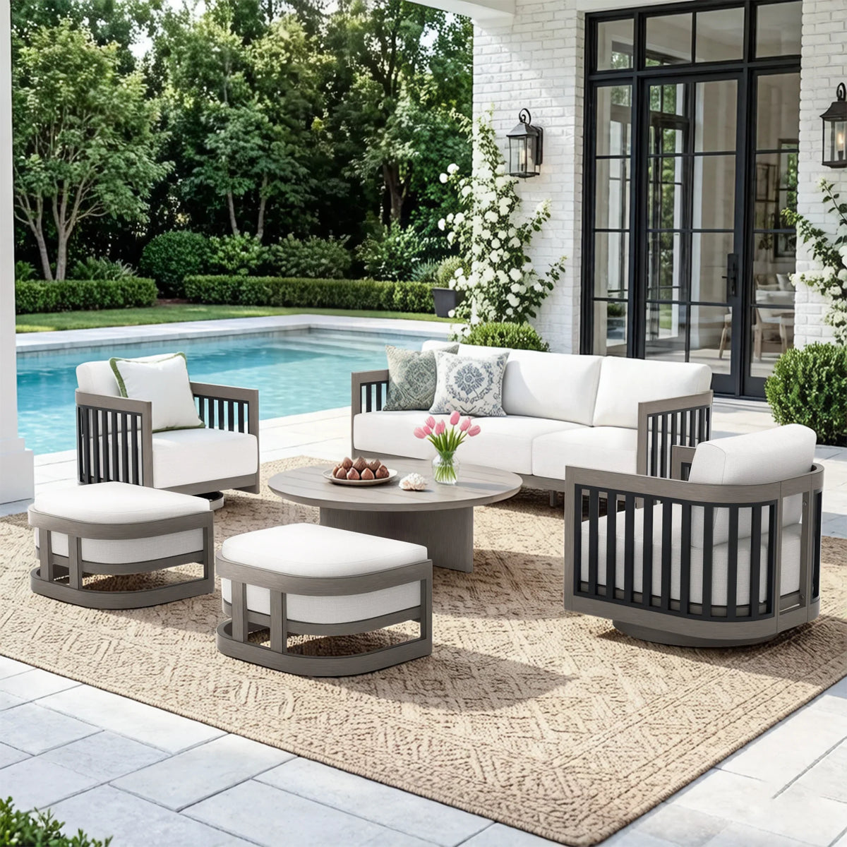 Sereno 6-Piece Swivel Aluminum Patio Conversation Set with Ottoman