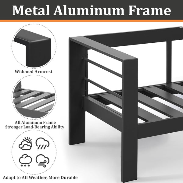 8 Pieces Patio Conversation Sets, Aluminum Outdoor Couch with Coffee Table, All-Weather Metal Patio Sofa with 5" Thick and Soft Cushion and Wide Arm, Outdoor Sofa Sets for Balcony, Porch, Light Gray