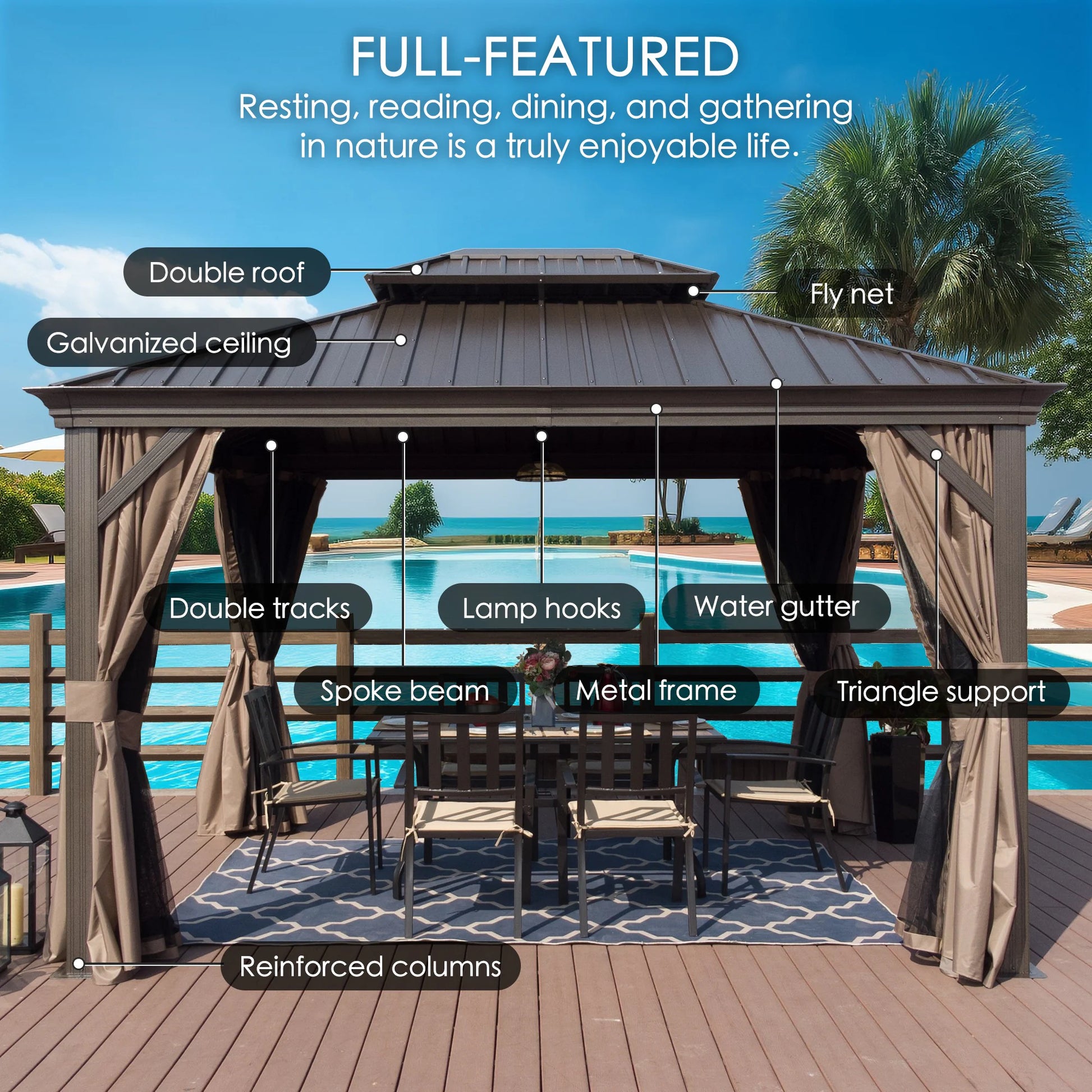 10-Ft X 12-Ft Alexander Dark Brown Gazebo with Hardtop Roof (Screen Included)