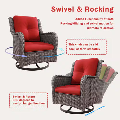 5-Piece Wicker Outdoor Patio Seating Set Sectional Sofa with Swivel Rocking Chair, Ottomans and Red Cushions