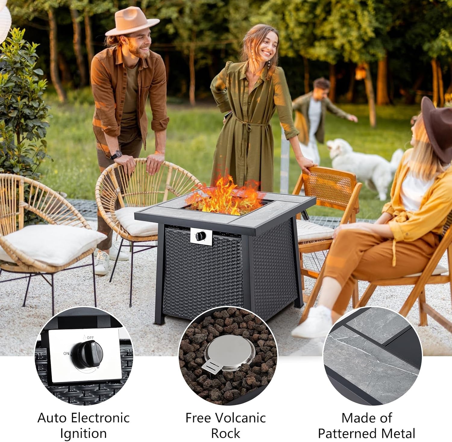 28 Inch Gas Fire Pit Outdoor Firepit Table, 50000BTU Rectangle Propane Fire Table with Lid & Lava Rock for outside Garden Backyard Deck Patio, CSA Safety Certified