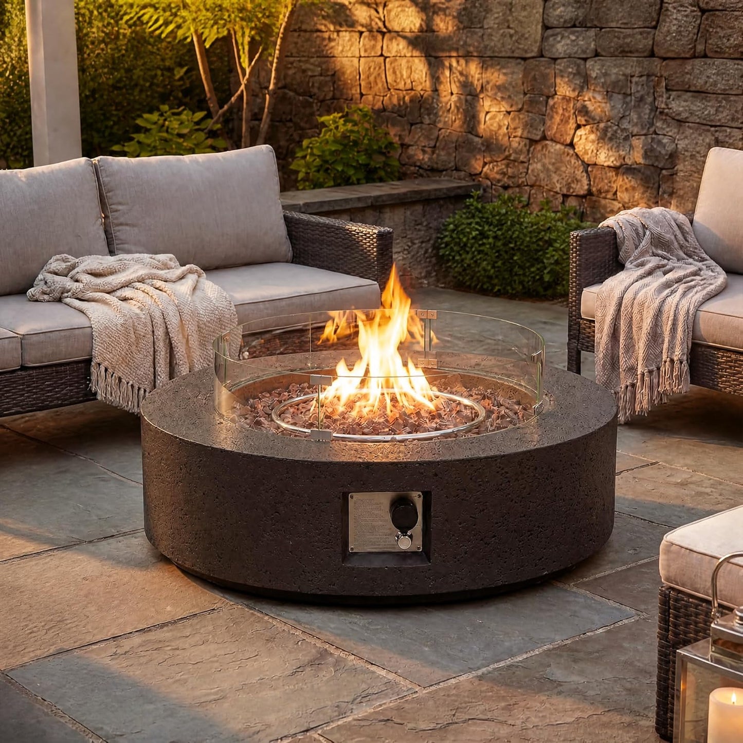 42 Inch Outdoor Propane Fire Pit Coffee Table W Concrete round Base Patio Heater, Certified, 50,000 BTU Stainless Steel Burner, Free Lava Rocks, Wind Guard, Rain Cover