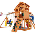 Timber Valley Wooden Playset with Wooden Roof, Glider Swing, Sandbox, Climbing Wall, Ladder, Slide & Belt Swings