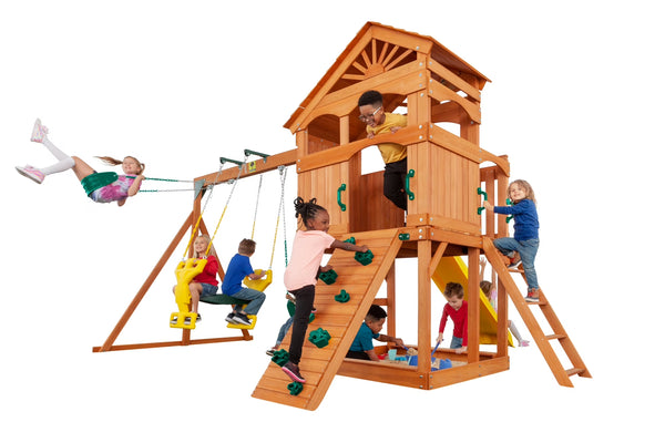 Timber Valley Wooden Playset with Wooden Roof, Glider Swing, Sandbox, Climbing Wall, Ladder, Slide & Belt Swings