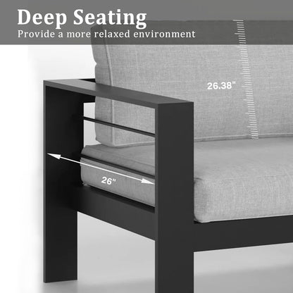 8 Pieces Patio Conversation Sets, Aluminum Outdoor Couch with Coffee Table, All-Weather Metal Patio Sofa with 5" Thick and Soft Cushion and Wide Arm, Outdoor Sofa Sets for Balcony, Porch, Light Gray
