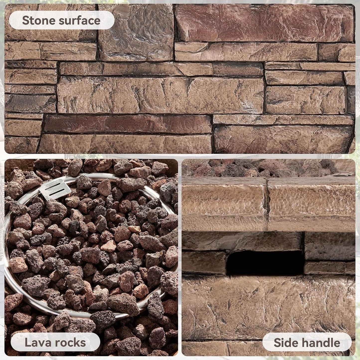 Outdoor Propane Fire Pit Table W Faux Brown Ledgestone 32-Inch Square Fire Table, Certified, 50,000 BTU Stainless Steel Burner, Free Lava Rocks, Fits 20Lb Tank Inside