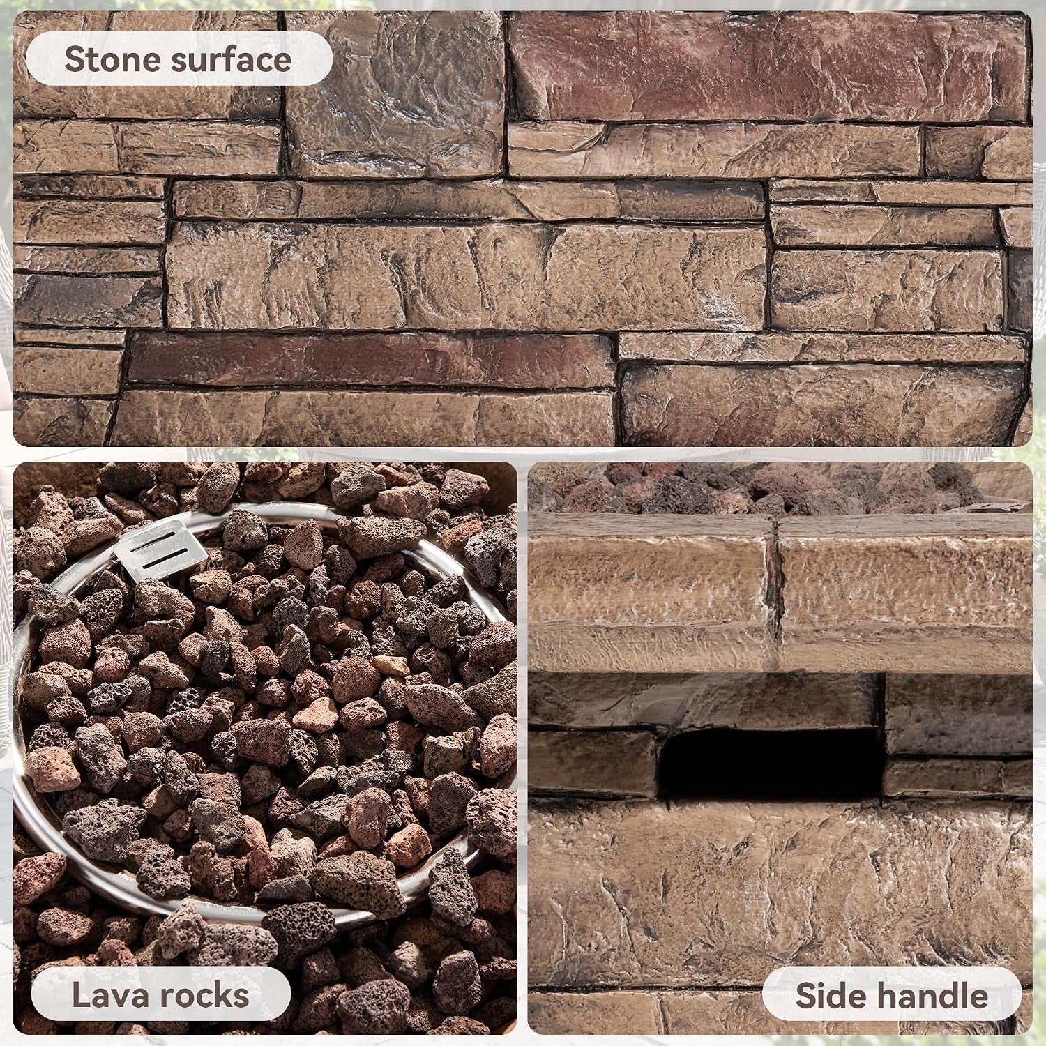 Outdoor Propane Fire Pit Table W Faux Brown Ledgestone 32-Inch Square Fire Table, Certified, 50,000 BTU Stainless Steel Burner, Free Lava Rocks, Fits 20Lb Tank Inside