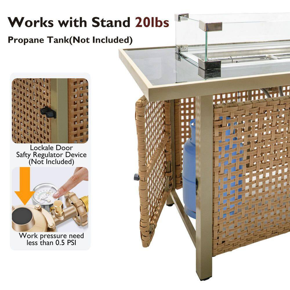 43 In. Propane Gas Fire Pit Table, 60000 BTU Rectangular Open Weave Wicker Fire Pit with Glass Wind Guard in Yellow