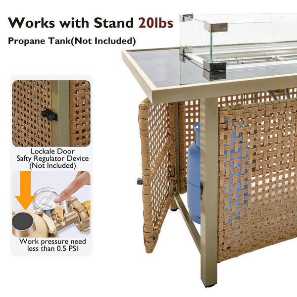 43 In. Propane Gas Fire Pit Table, 60000 BTU Rectangular Open Weave Wicker Fire Pit with Glass Wind Guard in Yellow