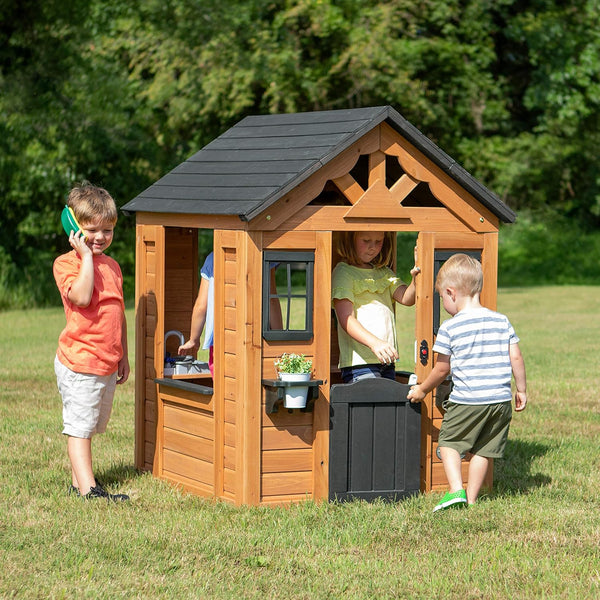 Sweetwater Cedar Wooden Kids Playhouse Cottage with Play Kitchen, Snack Bar, Half Door, Toy Phone, Windows, Flowerpot Holders, and Working Doorbell for Outdoor Imaginative Play