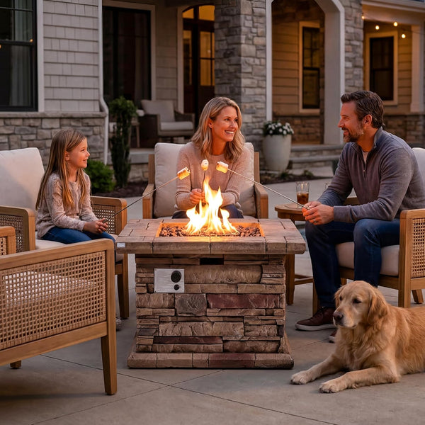 Outdoor Propane Fire Pit Table W Faux Brown Ledgestone 32-Inch Square Fire Table, Certified, 50,000 BTU Stainless Steel Burner, Free Lava Rocks, Fits 20Lb Tank Inside