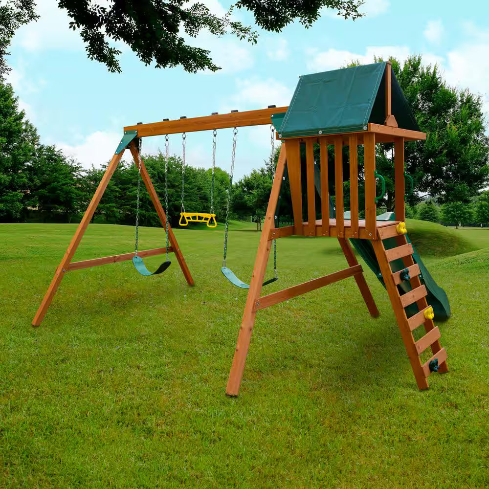 DIY Ranger plus Wooden Outdoor Playground Set with Slide, Rock Wall, and Swing Set