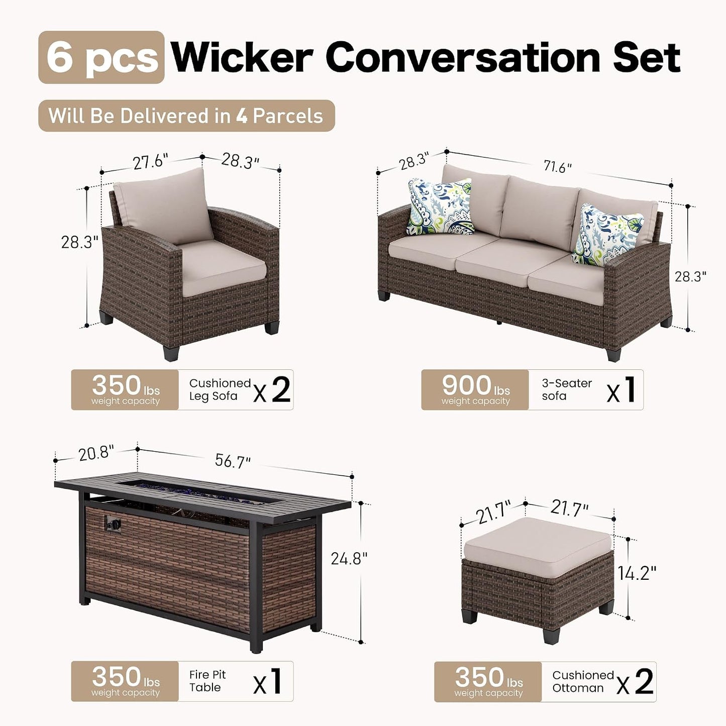 Patio Furniture Set Outdoor Furniture Brown Wicker Rattan Patio Conversation Sets with Cushion outside Sofa Set,6 Pieces with Rectangular Firepit Table,7 Seats,Beige